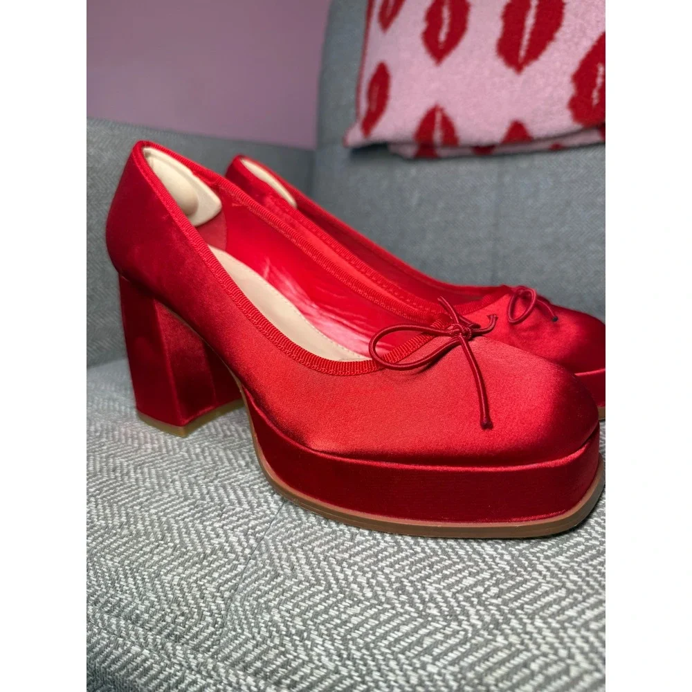 Coutgo Red‎ Satin Platform Pumps Block Heel Square Toe Bow Heels Womens 8.5